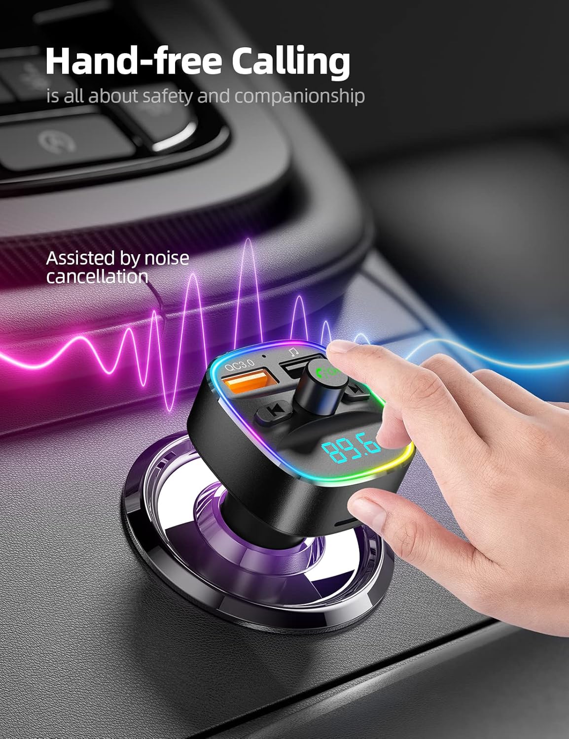 Nulaxy Bluetooth FM Transmitter, Bluetooth Car Adapter with Dual USB Charger Wireless Radio Car Kit MP3 Player Support TF Card & USB Disk, Hands-Free Calling, 7 Colors Led Backlit Light, Black