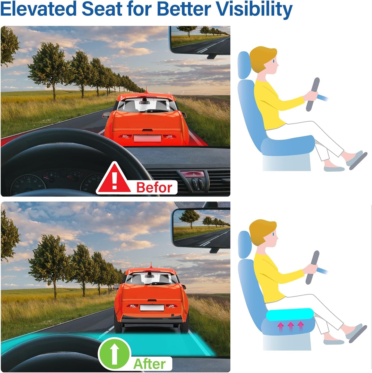 Car Seat Cushion, Ergonomic Memory Foam Car Cushion for Sciatica Pain Relief, Larger Driving Seat Pillow for Short Drivers on Long Drives - Butt Pillow for Truck, Office, Wheelchair - Black&Blue