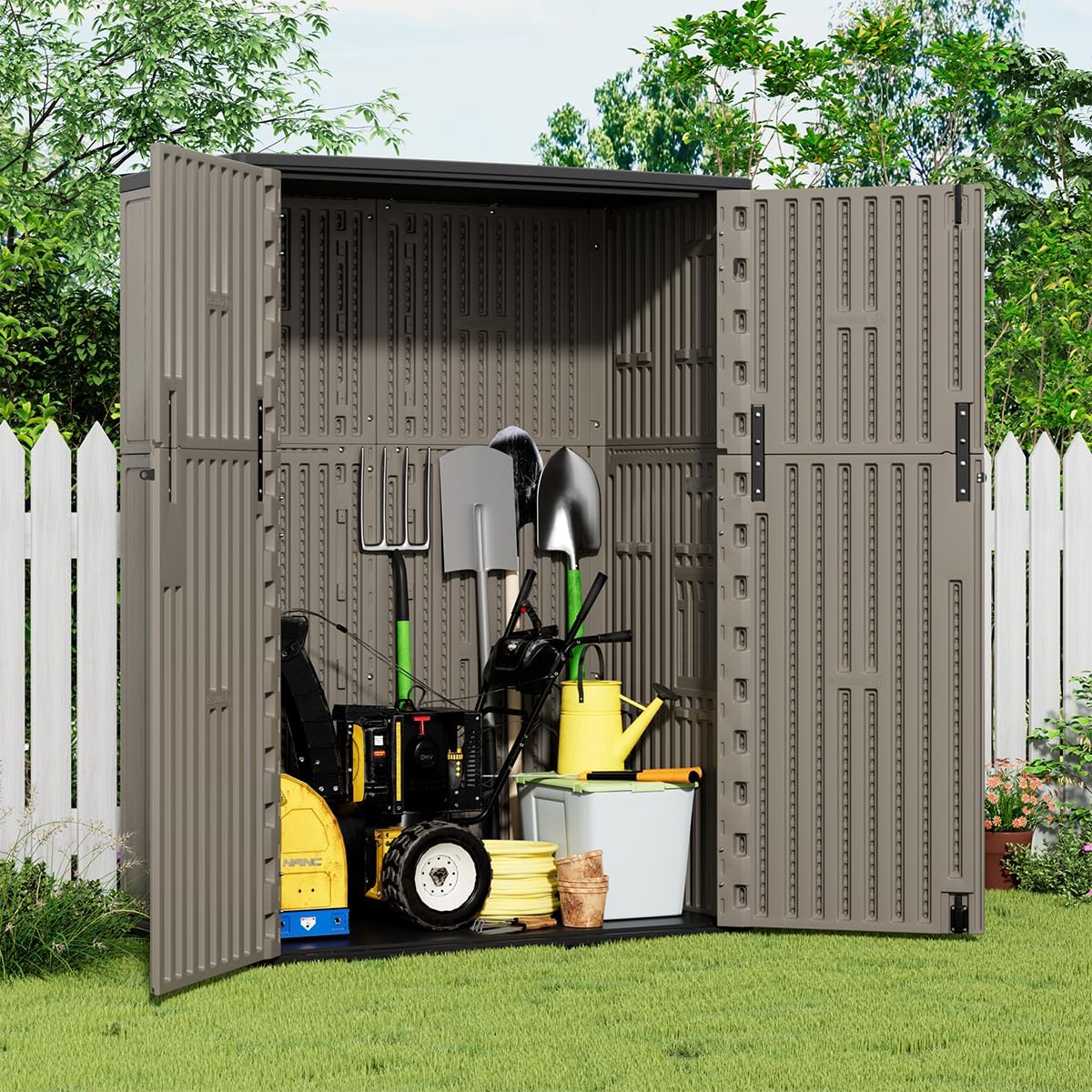 KINYING Outdoor Storage Cabinet Waterproof, 57 Cu.ft Resin Vertical Outdoor Storage Shed for Patio Furniture, Garden Tools, Pool Accessories, Mower Storage (Brown)