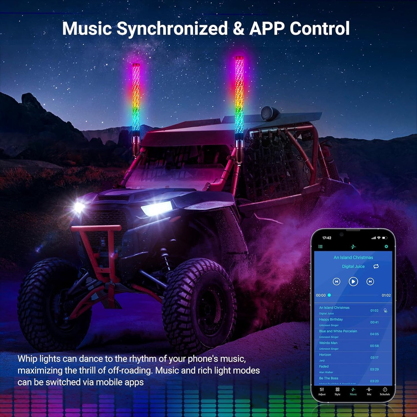 3FT Fat Whip Lights for UTV ATV with Spring Base, Led Fatty Whip Light W/Rocker Switch & 3 Flags, Brighter Spiral Chasing Lighted Antenna Whip with APP & Remote Control for RZR SXS Can-Am