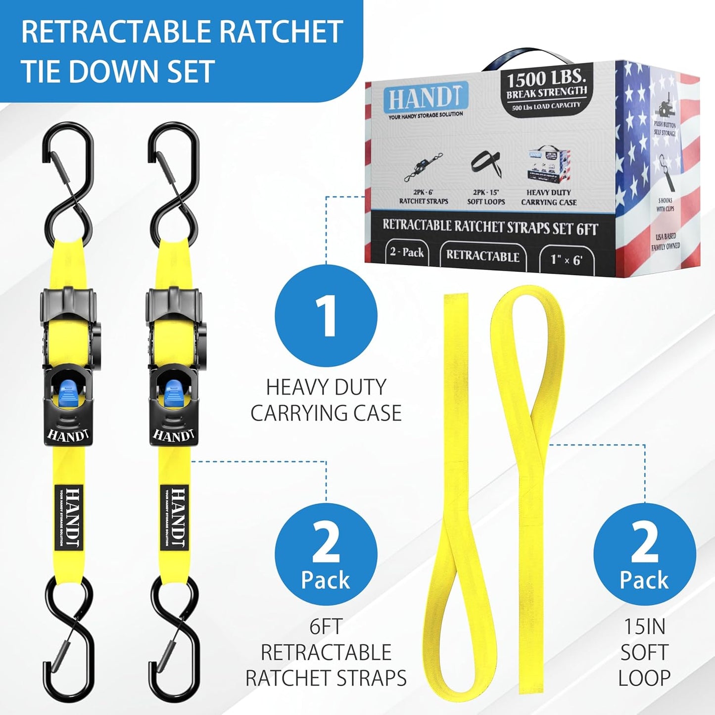 HandT USA Based Retractable Ratchet Straps (2PK) 1in x 6ft - 1,500lb Break Strength, Heavy Duty Automatic Ratchet Straps Self Retractable Tie Down, Push Button Retracting Truck Trailer Cargo | Yellow