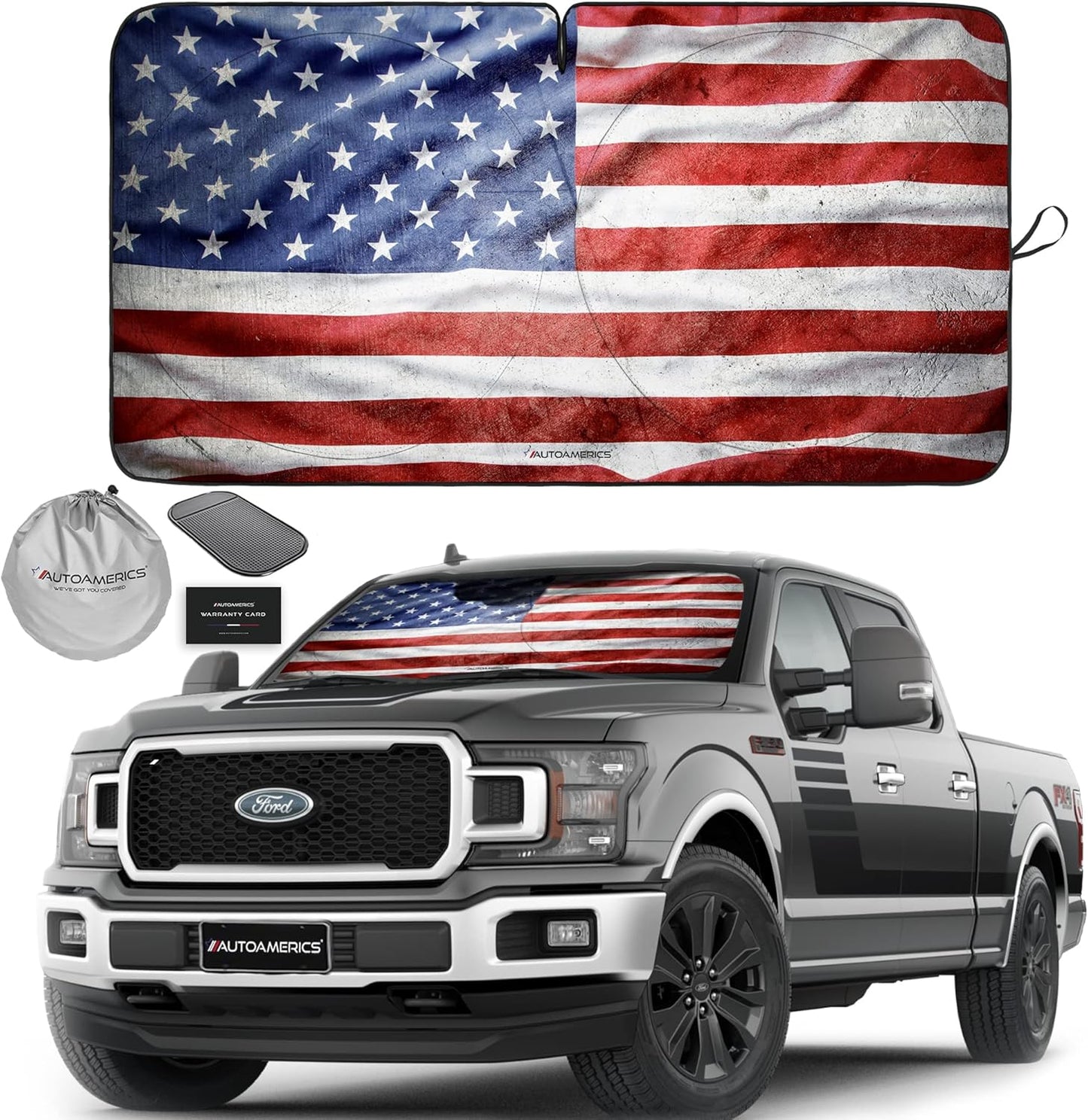Autoamerics Truck Windshield Sun Shade with Storage Pouch & Anti-Slip Dash Pad - Foldable Grunge USA Flag-3 Design Cover - Fits Most SUVs & Trucks -Reflective 230T Material | X-Large (66 x 36 inches)