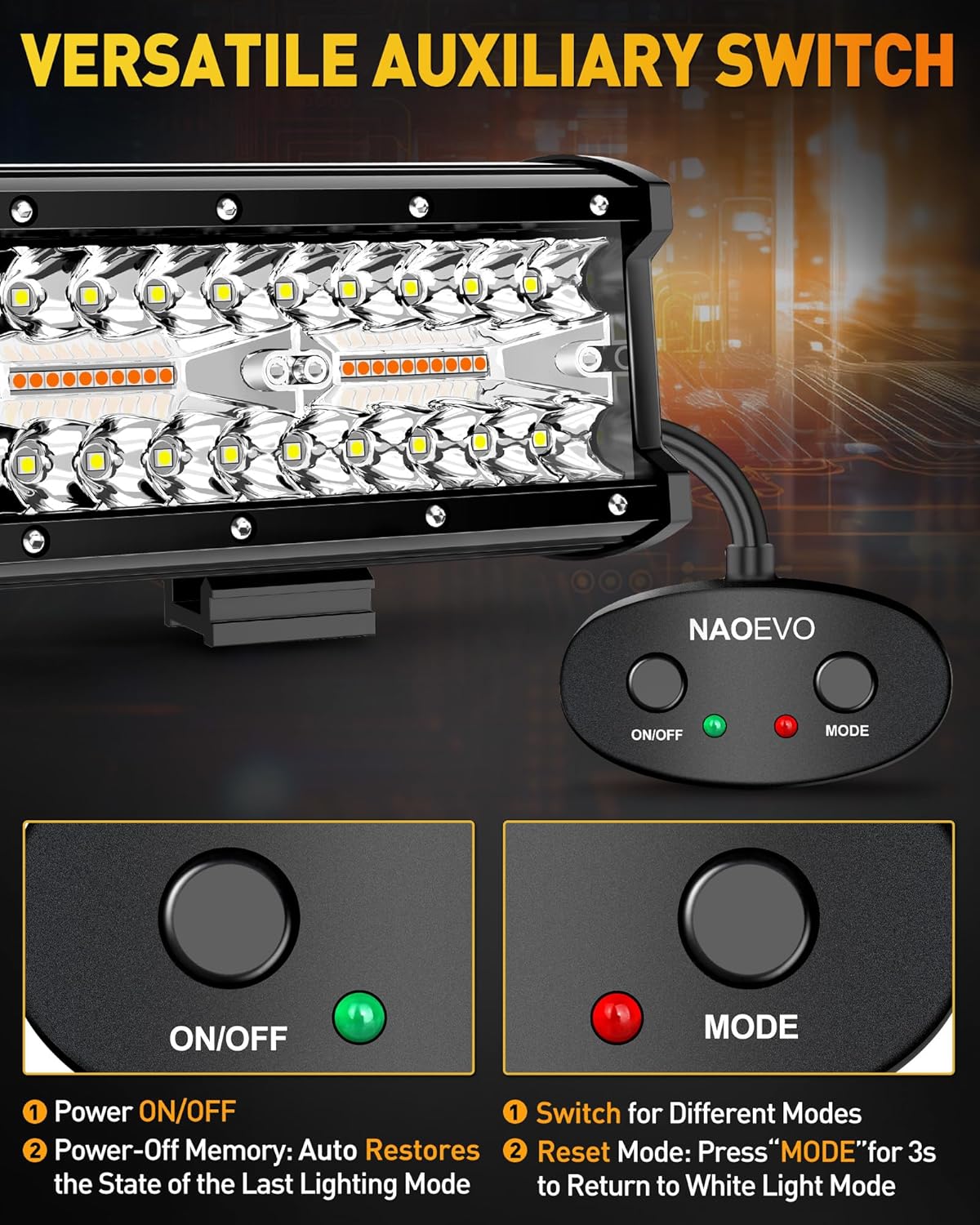 NAOEVO 7 Inch LED Light Bar, White Amber Offroad Fog/Driving Lights LED Pods with Strobe/Memory Function, 2 Leads Wiring Harness Included, Work for Truck Boat ATV UTV, 2-Pack (6 Modes)