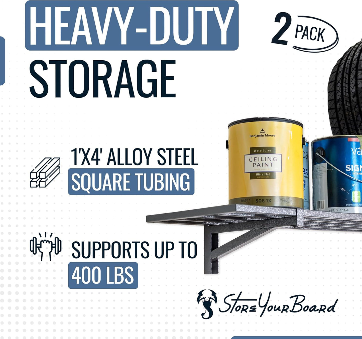 StoreYourBoard 2-Pack Heavy Duty Wall Shelves – Wall-Mounted Garage Storage Shelving and Organization for Sheds, Closets, or Utility Rooms – Holds 200 lbs, 1ft x 4ft, Hammered Gray