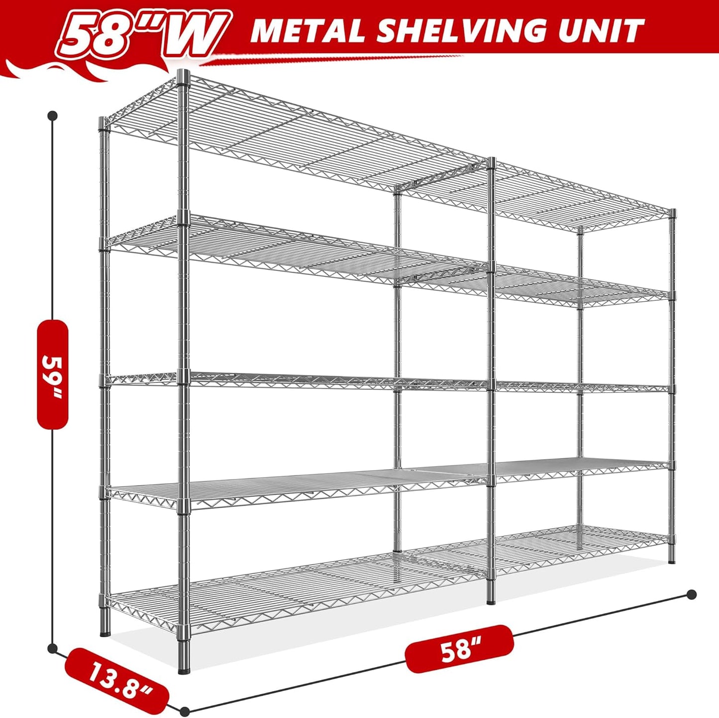 REIBII 58" W 5 Tier Heavy Duty Wire Shelving Unit with Adjustable Shelves - 1400LB Metal, Chrome - 58" W x 59" H x 13.8" D - Garage, Pantry, Kitchen