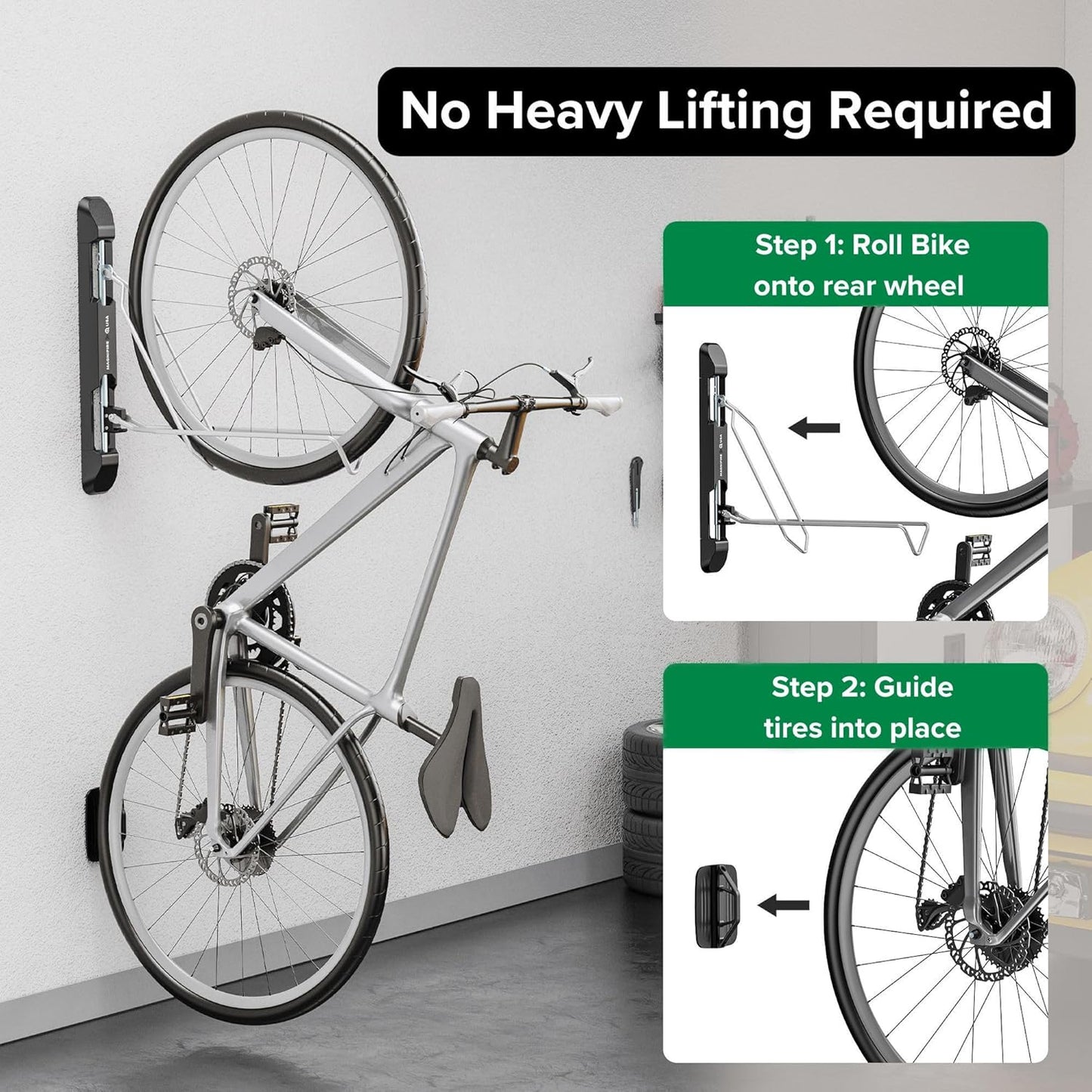 Bicycle Rack for Garage and Indoor Use, Adjustable, Foldable Bike Rack Set of 2 - Wall Mount for Road, Hybrid, Small Mountain, BMX Bikes - Secure and Space Saving Bike Storage (2 Pack)