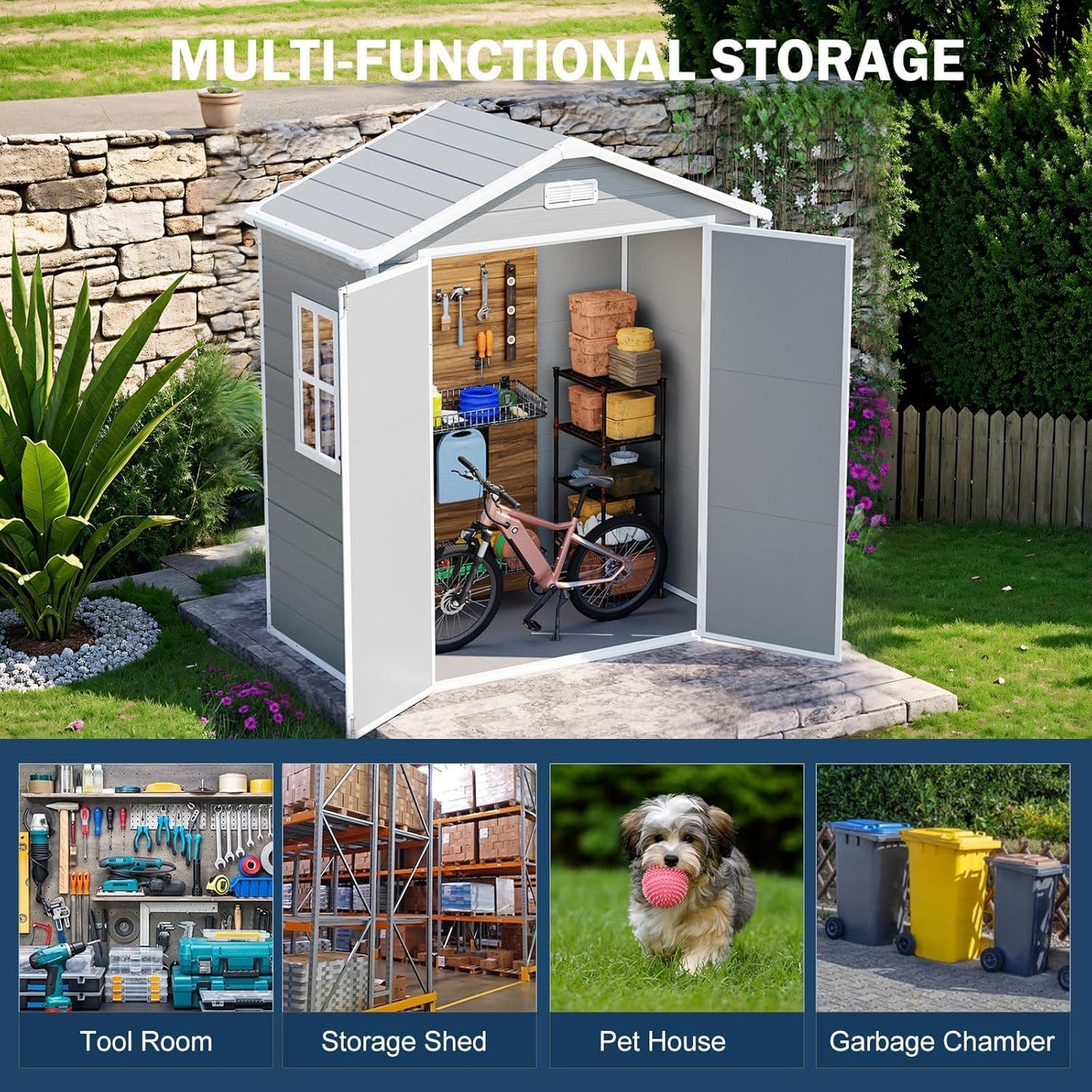6x3 FT Resin Storage Shed, Waterproof Outdoor Shed with Floor Included, Window, Double Lockable Doors & 2 Vents, Outside Plastic Sheds for Garden Patio Backyard, Grey