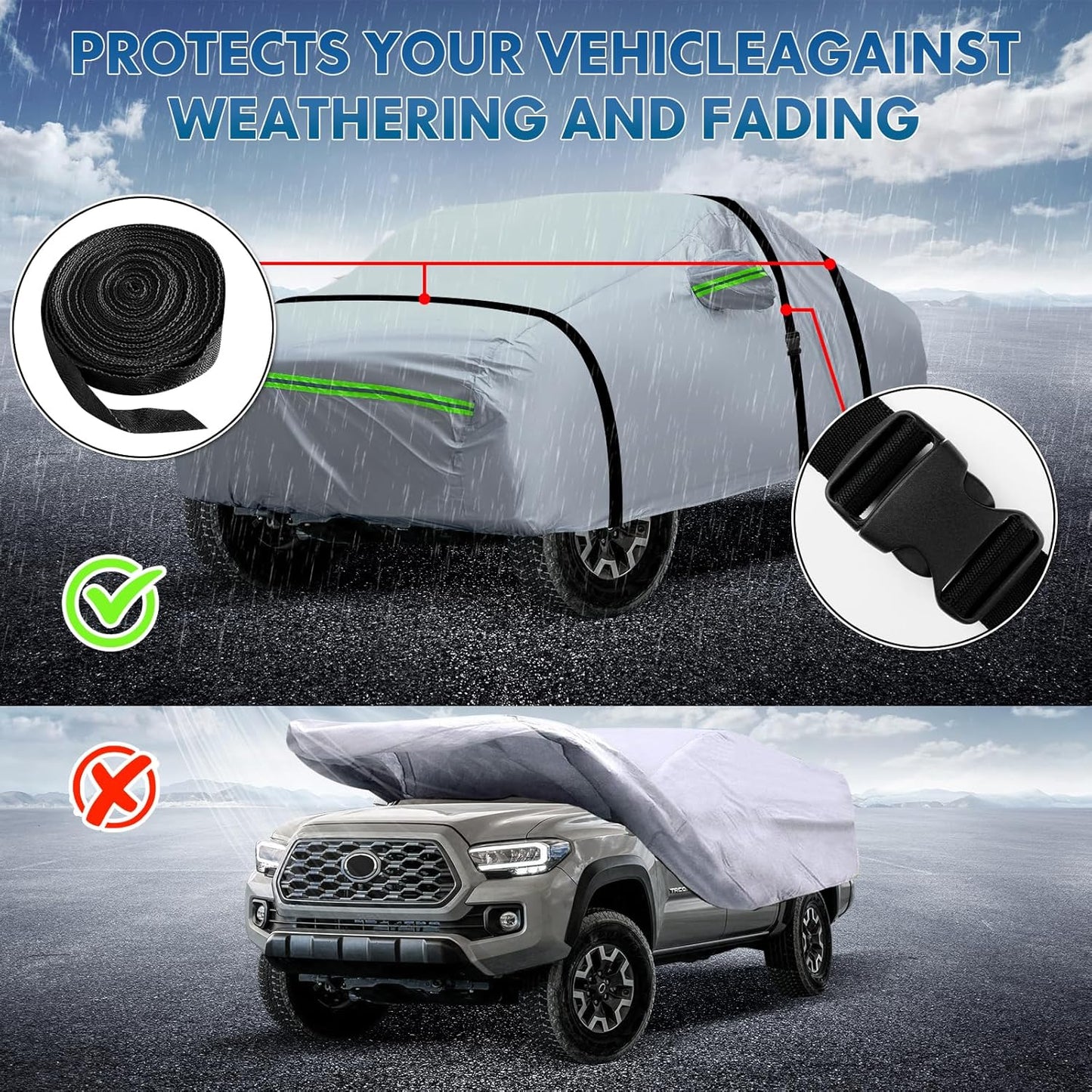 KEYOOG Truck Pickup Car Cover, 6-layer All-weather Waterproof, Heavy Outdoor Car Cover, Universal in All Seasons, Snow Protection, Acid Rainproof, Sunscreen, UV Protection, length Up to 220 "- Silvery
