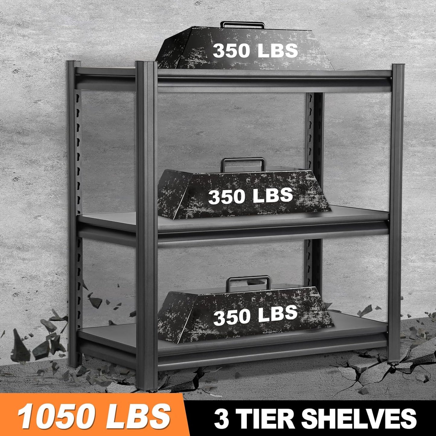 Metal Garage Shelving Unit, Heavy Duty 3-Tier 1050 LBS Loads Adjustable Storage Rack Garage Storage Shelves, Industrial Utility Shelf for Garages, Warehouses, Kitchen, Black