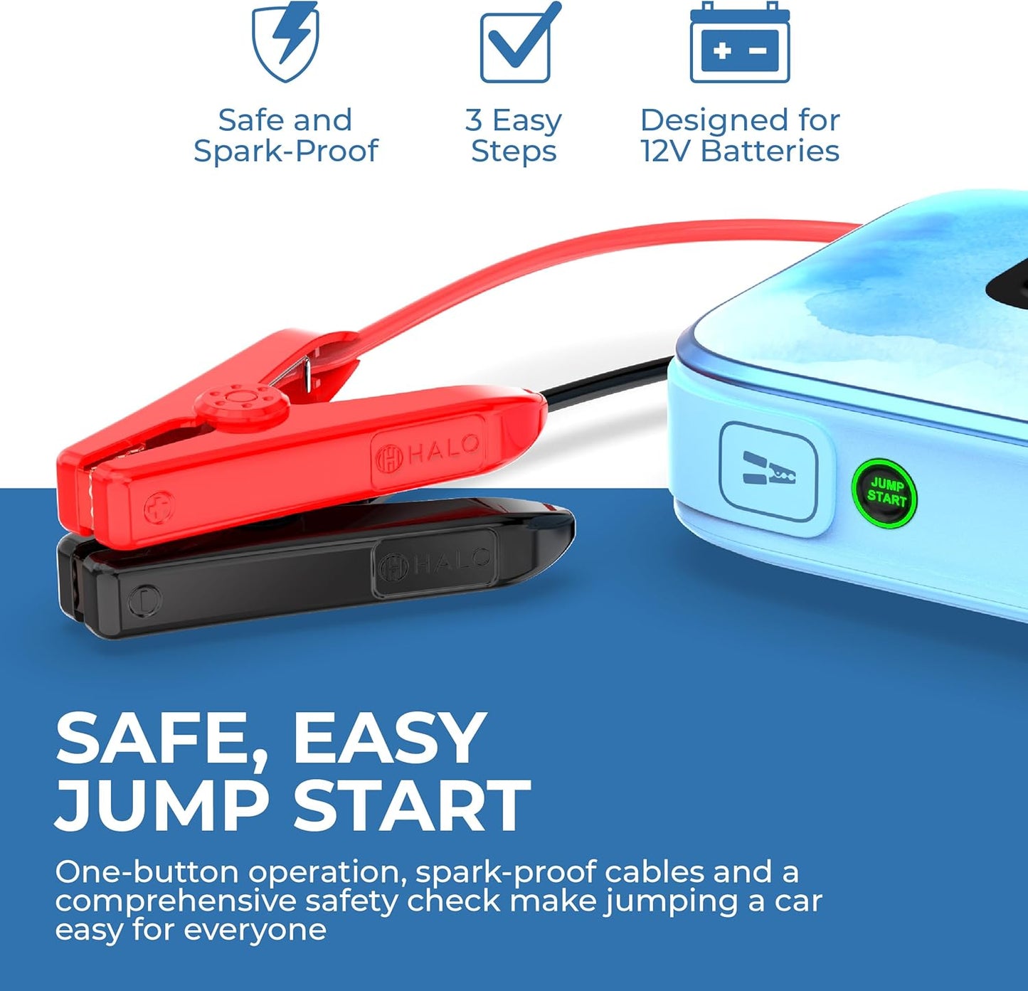 HALO Bolt Ultimate 3 Portable Car Battery Jump Starter | 130 PSI Air Compressor, 55.5Wh USB Power Bank, Large Display, Emergency Floodlight & Charger, Jumps Cars SUVs & Trucks, Inflates Tires — Blue