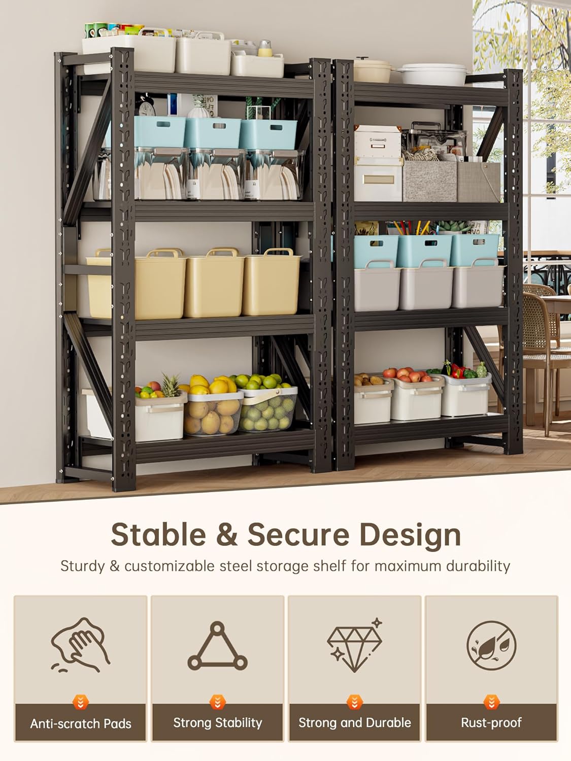 4-Tier Storage Shelves,63" H Heavy-Duty Garage Shelving Unit,Adjustable Industrial Metal Shelf System,3,000lbs Capacity,Tool Organizer for Garage,Workshop,32" W*20" D*63" H,Black