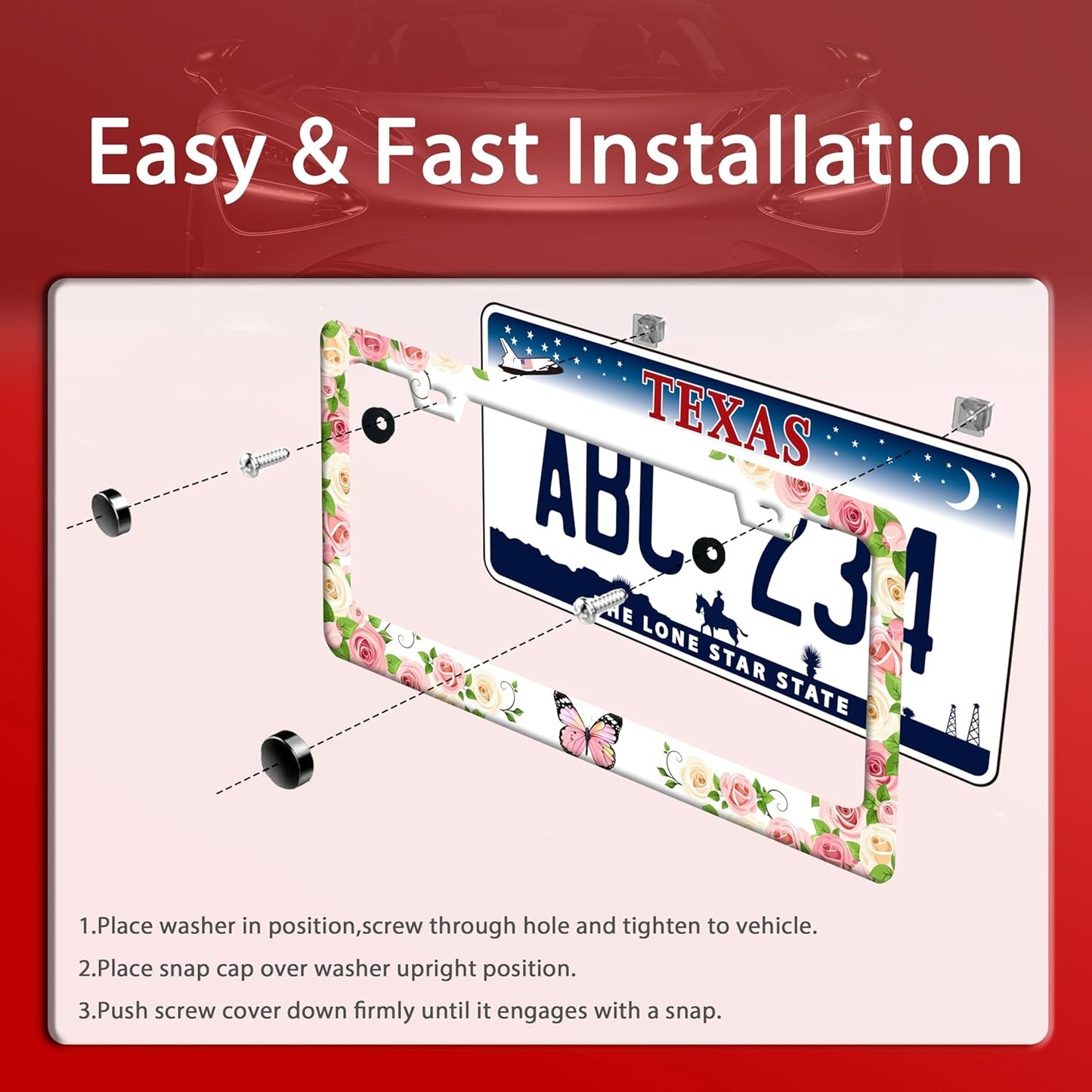 Pink Butterfly License Plate Frame Rose Flowers Floral License Plate Holder Colorful Auto Accessories for Women 6x12 Inch