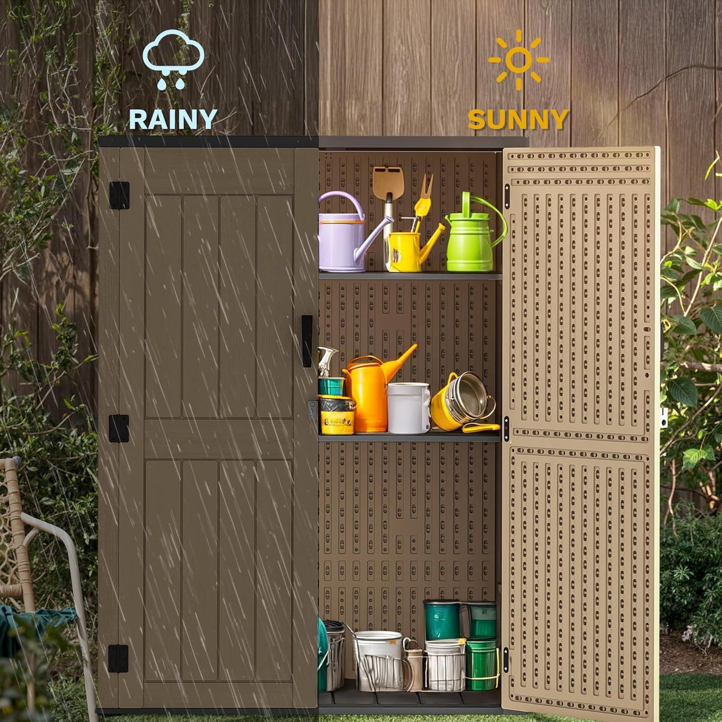 DWVO 59 Cu. Ft. Vertical Storage Shed, Weatherproof Outdoor Tall Cabinet with Double-Wall Panels and Floor, Lockable Resin Shed for Garden, Garage, Patio,Brown (Shelves Not Included)
