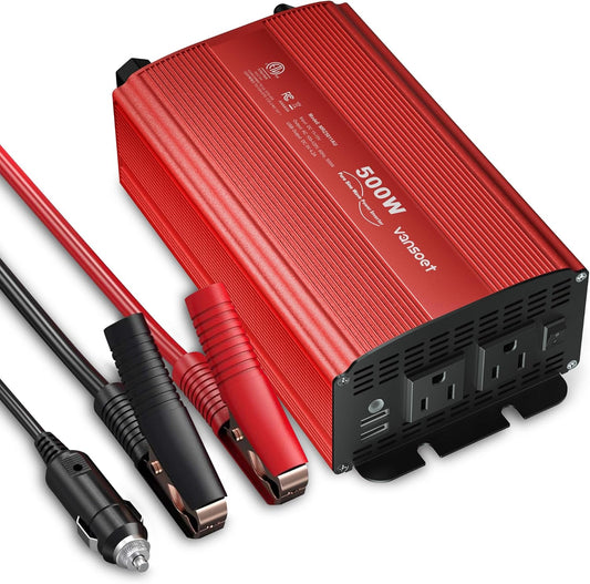 500W Pure Sine Wave Power Inverter, DC 12V to 110V AC Car Plug Inverter Adapter with 4.2A Dual USB Charging Ports and 2 AC Outlets Car Charger (Red)