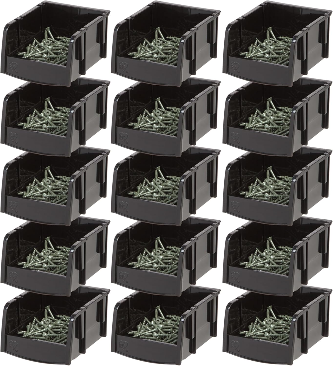 IRIS USA Stackable Bins, 5.5 x 4.5 x 3 inch, Plastic Hanging Open Front Shelf Bin Storage Organizer for Hardware, Craft Supplies, Small Parts, Nuts and Bolts, Garage Organization, 15 Pack- XS, Black