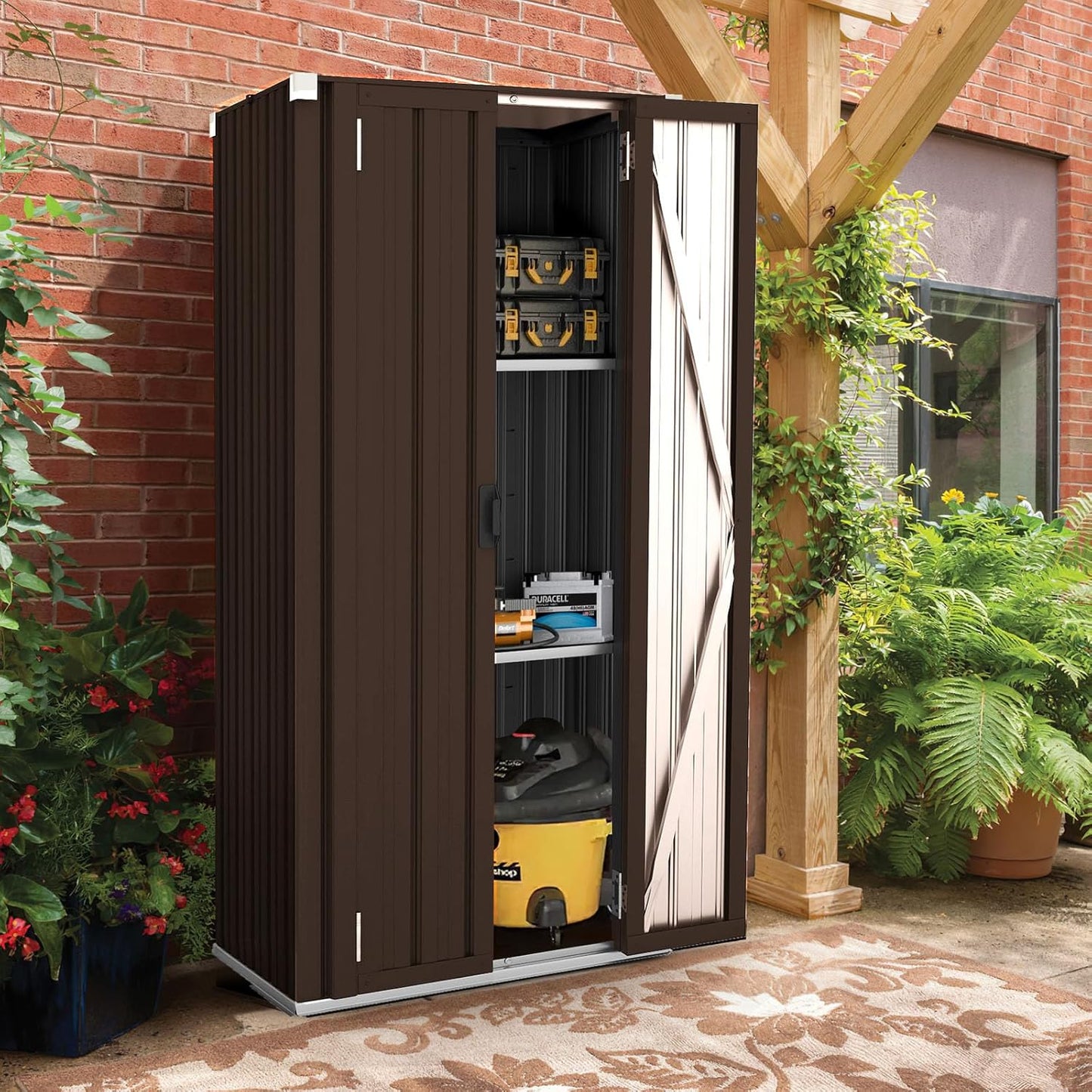 AECOJOY Outdoor Storage Cabinet Waterproof with Shelves, Vertical Tall Garden Outdoor Cabinet, Sheds & Outdoor Storage Clearance Cabinet Weatherproof for Outside in Brown