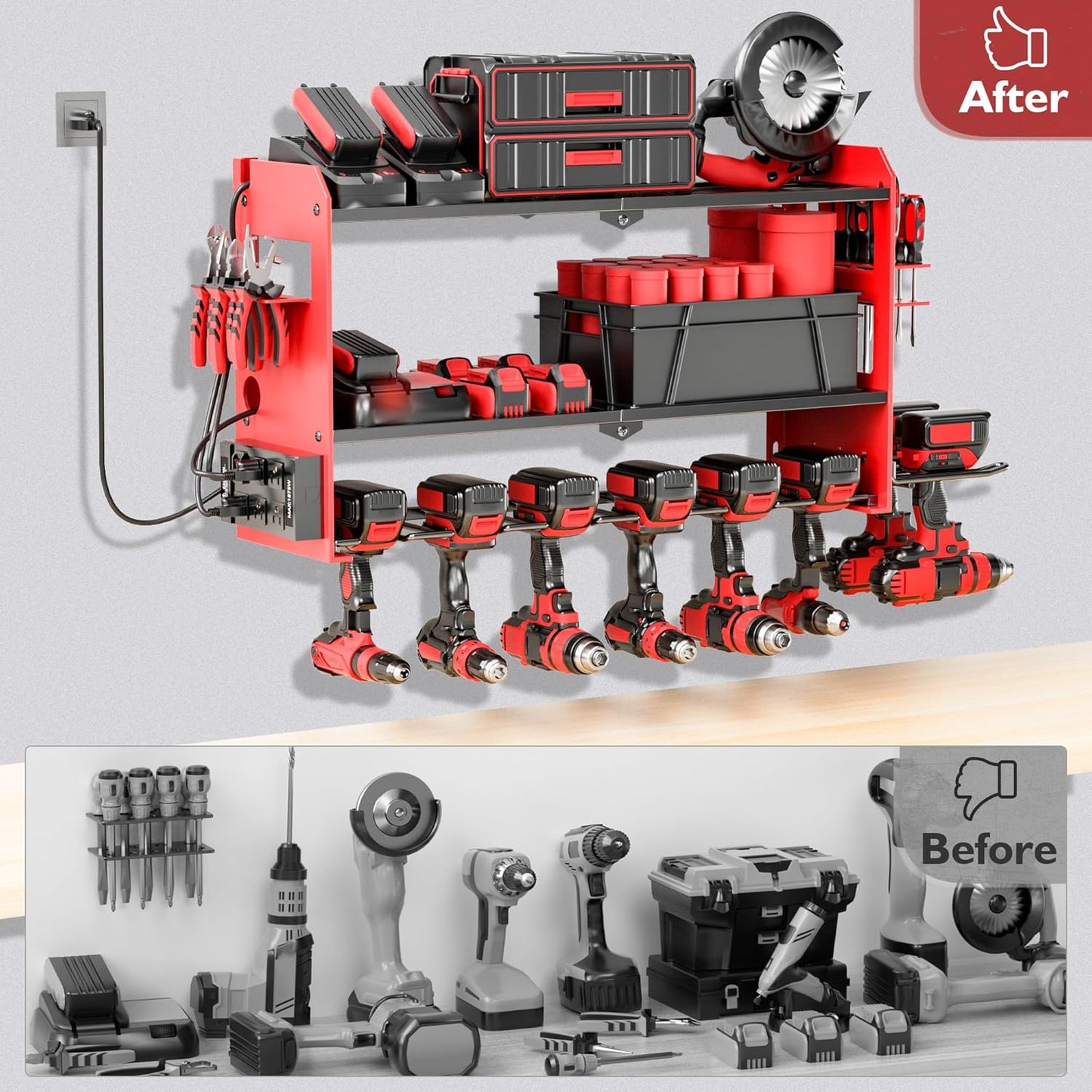 Power Tool Organizer Wall Mount with Charging Station, Cordless Drill and Battery Holder Shelf for Garage Organization,Heavy Duty Metal Tool Rack Storage, Load 300lbs, Built in 5 Outlet Power Strip