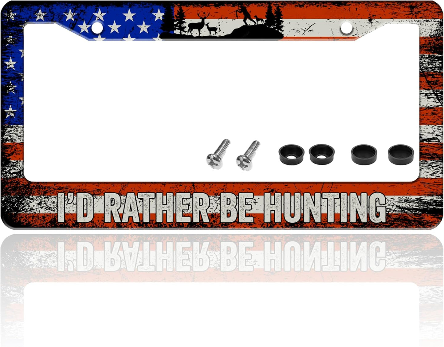 I'd Rather Be Hunting License Plate Frame Retro American Flag License Plate Holder for Front or Rear Car Tags Durable Stainless Steel Car Funny Decoration with Screws 6.3 X 12.2 Inch for Men Women