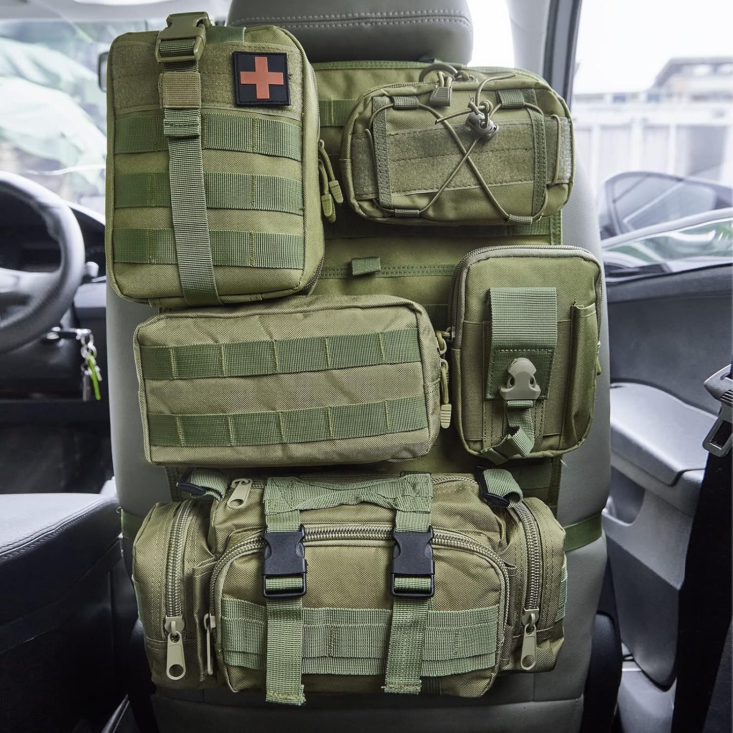 Universal Tactical Seat Back Organizer Vehicle Molle Panel Organizer Storage Bag with 5 Detachable Molle Pouch for All Vehicel Such as Jeep,Truck,SUV, Car, Ford,Chevy etc
