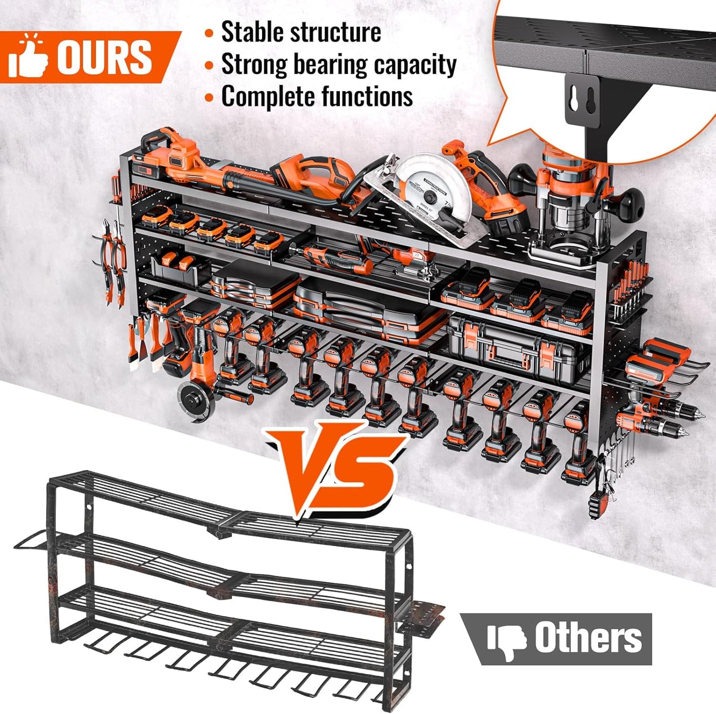 49.8" W Large Power Tool Organizer Wall Mount, Heavy Duty Tool Organizer with 14 cordless Drill Holder, 4 Layers Garage Organization and Storage Rack, Tool Rack for Garage Workshop, Black