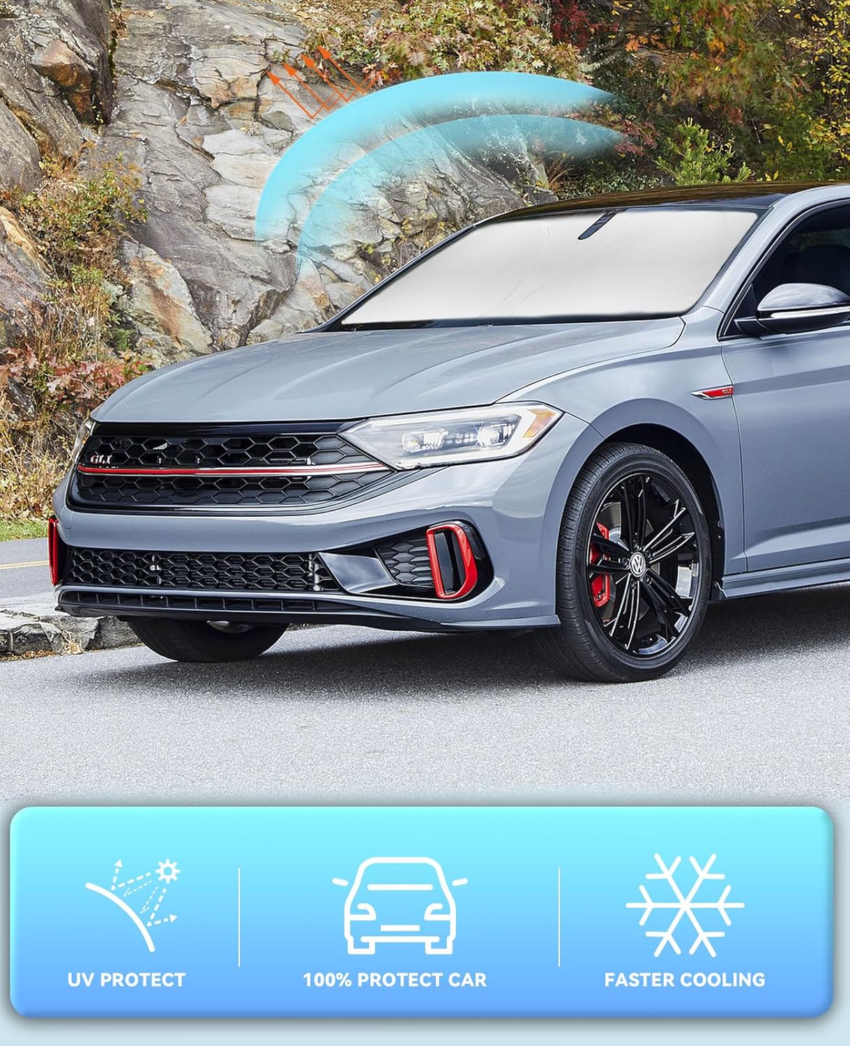 Sun Shade for VW Volkswagen Jetta Windshield Sunshade Custom Fit VW Jetta 2019-2023 2024 2025 2026 Car Accessories Windshield Cover Front Window Shields 240T Reflective Sun Visor Block UV Rays