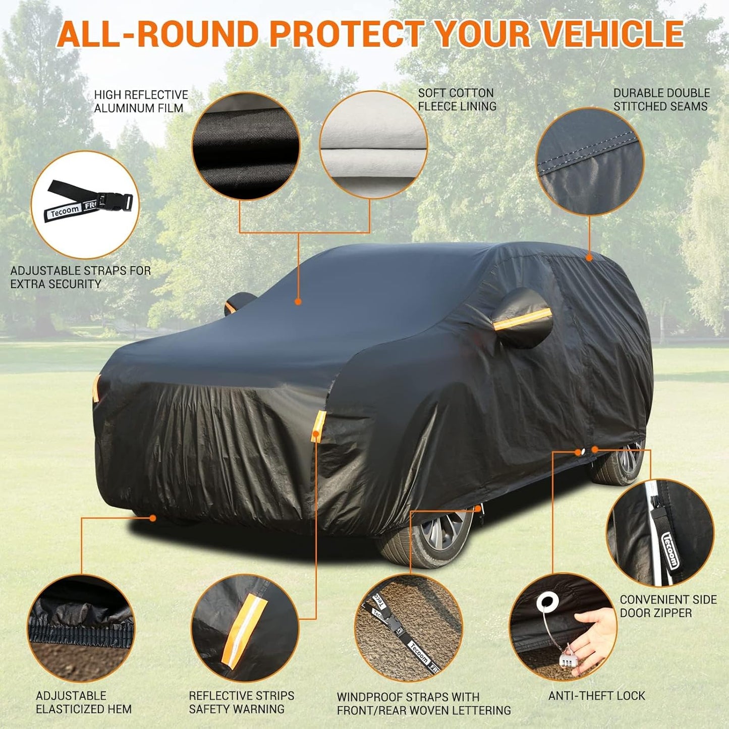 Tecoom Car Cover Waterproof All Weather, 3 Layers Car Covers for Automobiles with Lock/Zipper Door, Thick Fleece Lining UV Snow Rain Hail Protector Car Cover, Universal Fit for SUV (191-205 Inch)