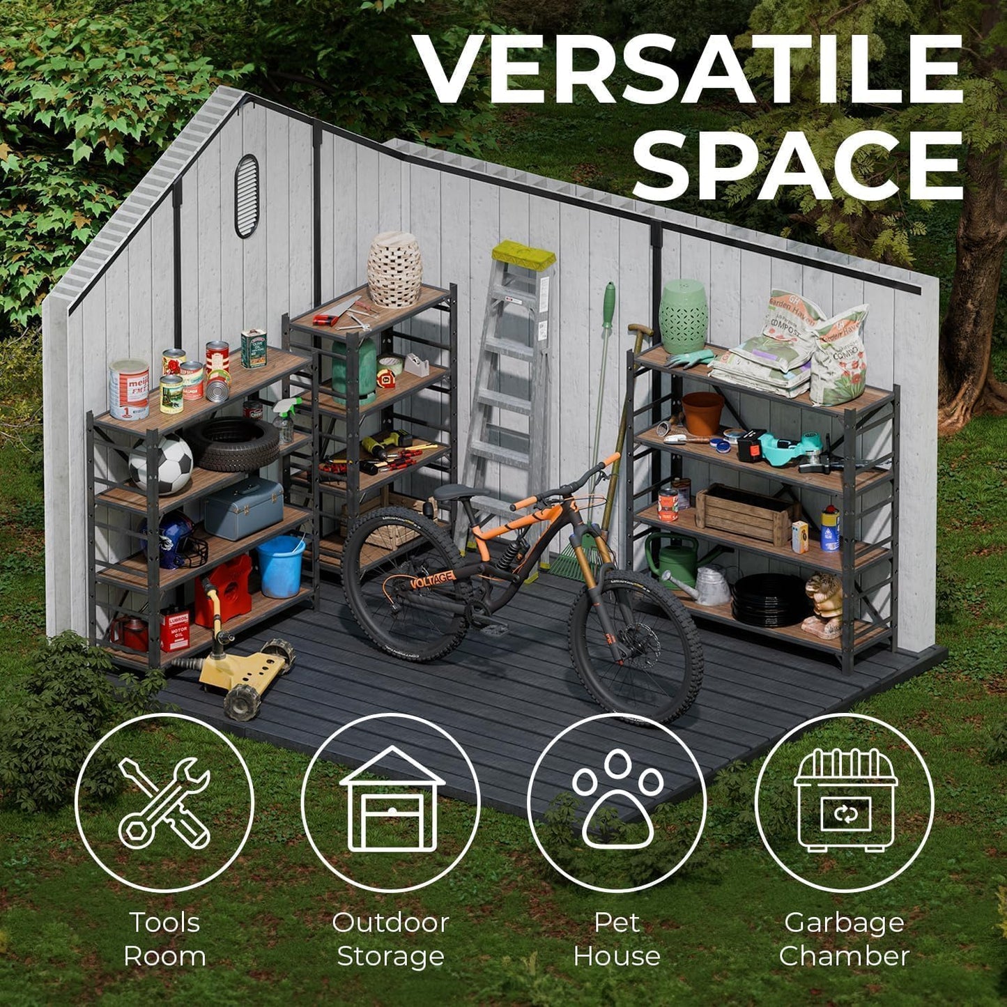 EconoHome 8x8 Ft Outdoor Storage Shed with Floor - Waterproof Shed with Lockable Door for Garden - Backyard, Tool Storage Use - Grey