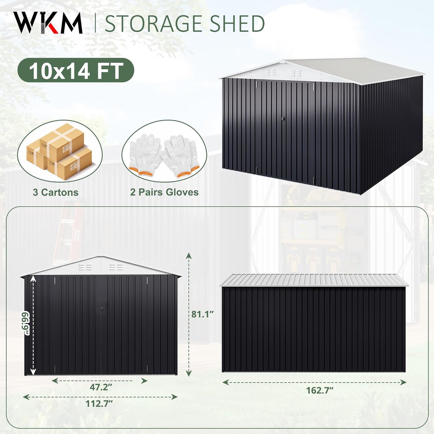 WKM 10x14 Outdoor Storage Shed, Garden Shed with Updated Frame Structure and Lockable Doors, Metal Tool Sheds for Backyard Garden Patio Lawn, White