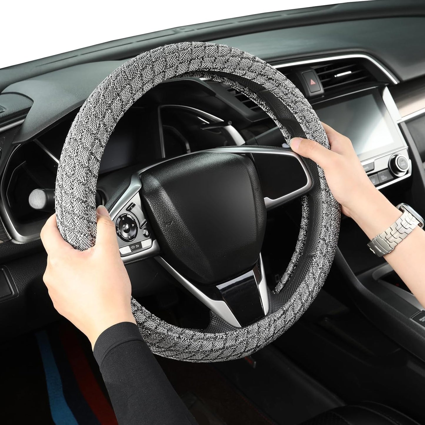 Auto Newer Breathable Steering Wheel Cover Suitable For Four Seasons，Anti-Slip Design，Odorless，Easy Carry ，Unviersal Fit for Truck SUV Sedans Vans，Interior Accessories Standard Size[14" 1/2-15"]（Grey）