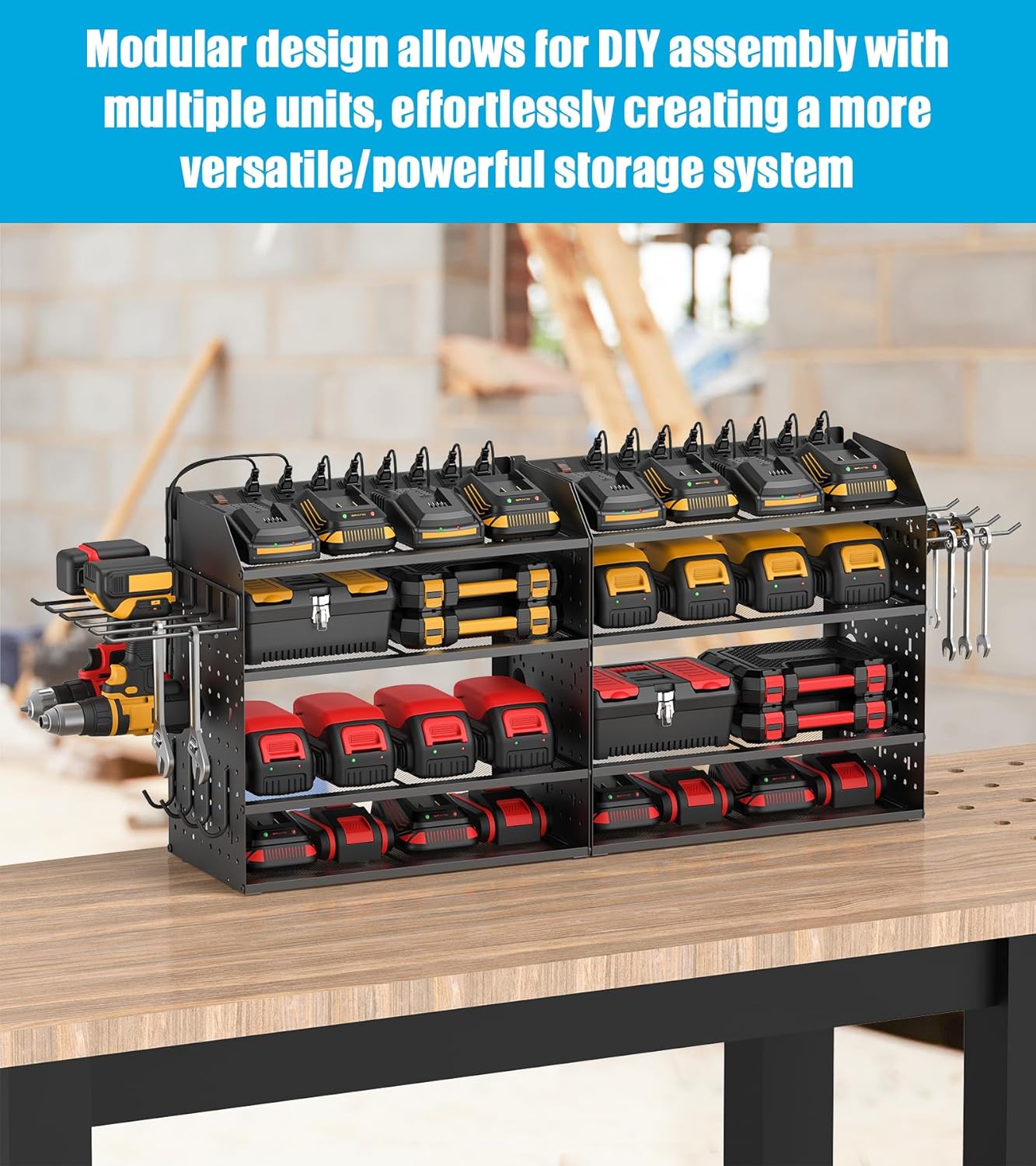 CCCEI Modular Desk Power Tools Organizer with Charging Station, 4 Layer Drills Battery Storage Wall Mount, Garage Shop Organization, Anniversary, Birthday, Gifts for Men, Father, Black, 6FT Cord.