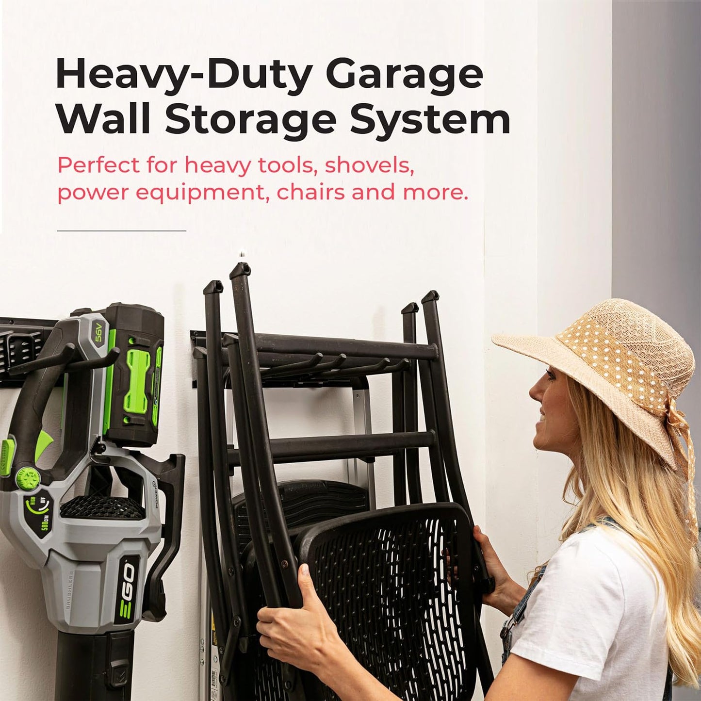 Garage Tool Organizer Wall Mount | 48-Inch Garage Wall Organizer & Folding Chair Rack | Heavy-Duty Tool Hanger System | 9-Piece Kit with 3 Steel Rails & 6 Adjustable Hooks | 300 lbs Capacity
