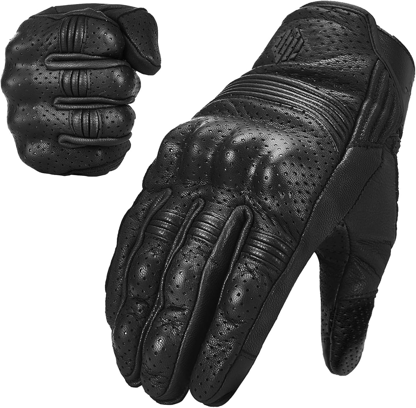 ILM Goatskin Leather Motorcycle Motorbike Powersports Racing Gloves Touchscreen for Men and Women Model DN01(M, Black Perforated)