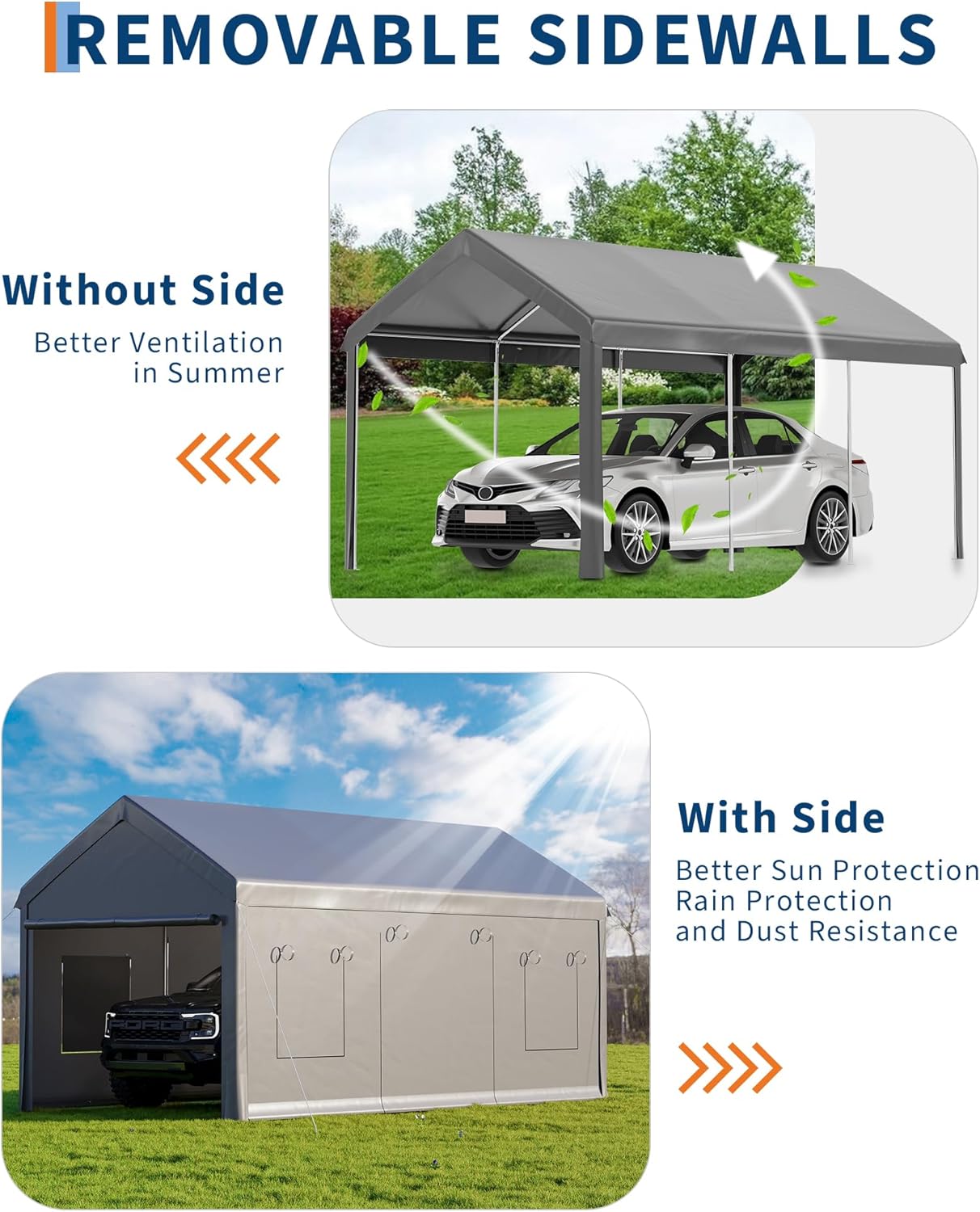 10 x 20FT Heavy Duty Carport with Roll-Up Windows, Portable Garage with Removable Sidewalls & Doors, Portable Car Tent Garage with Roll-Up Windows and All-Season Tarp, for Car, Truck,