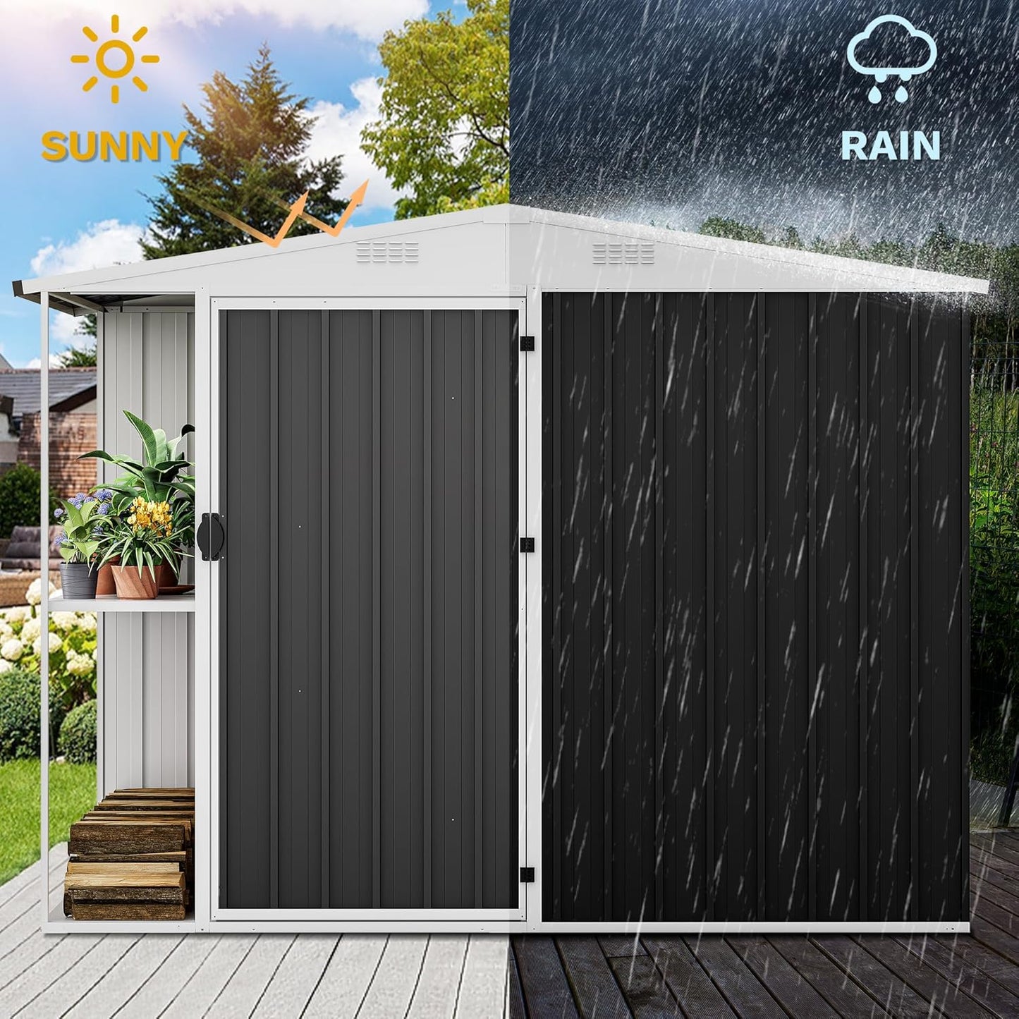 DWVO Outdoor Storage Shed 8x4FT with Rack, Metal Garden Shed with Storage Shelves, Bike Storage Tool Cabinet Box for Lawn Backyard Patio Use, Dark Gray