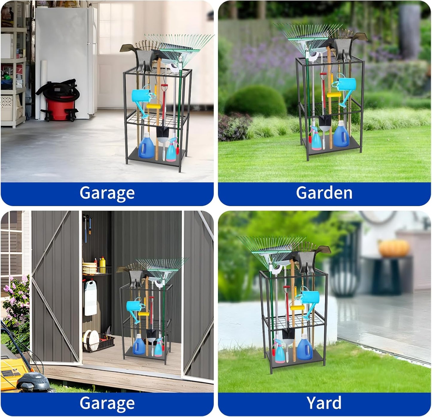 Garden Tool Organizer - Yard Tool Storage and Organizers, Utility Rack with 3 Hooks, Garden Yard Tool Stand Tower Racks, Tool Holder for Broom, Shovel, Rake, Mop, Garage Organization, Black