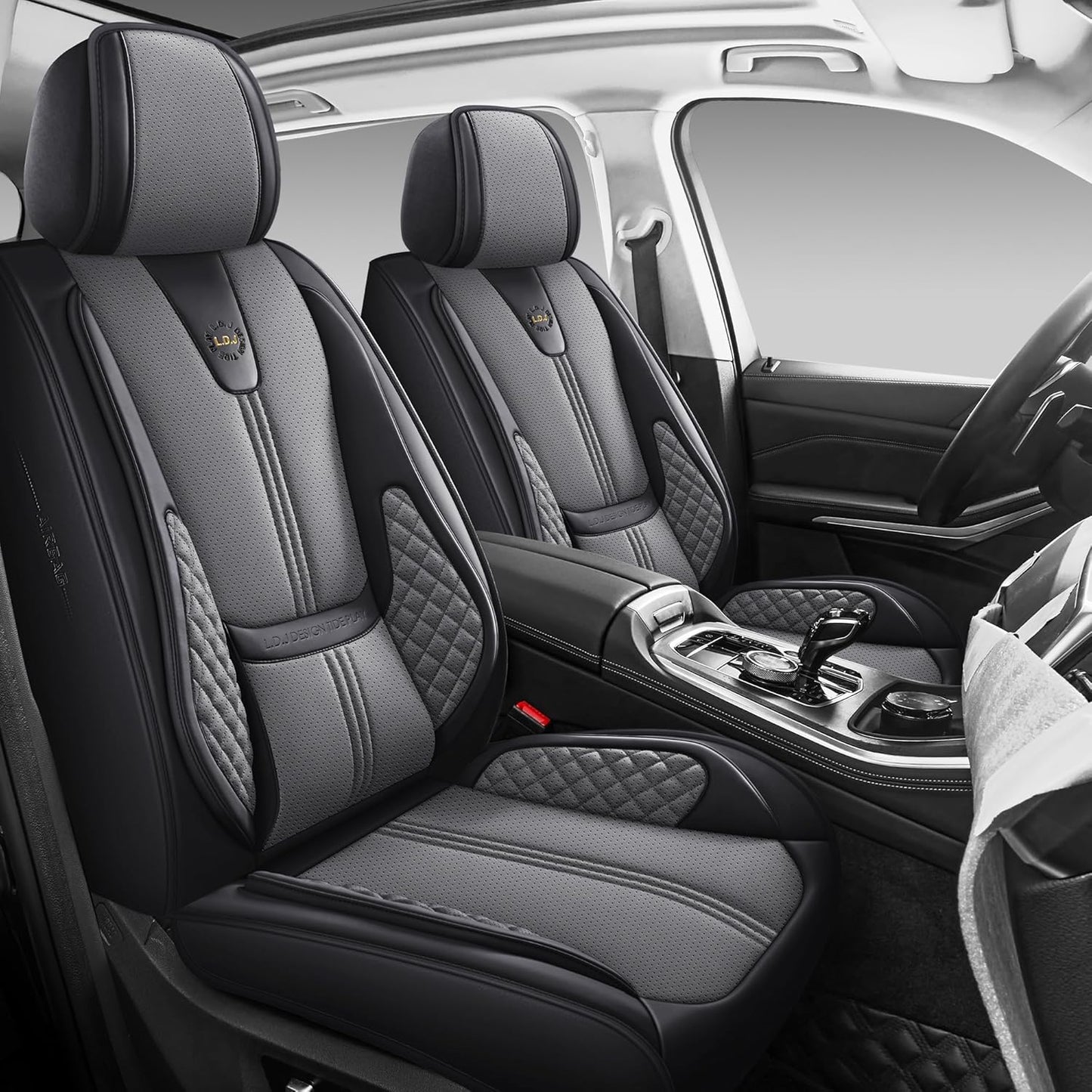 Car Seat Covers Front Only, Black Seat Cover for Cars Compatible Airbag, Easy Install Luxury Leather Automotive Seat Covers with Lumbar Support, for Car, Truck, SUV, Grey