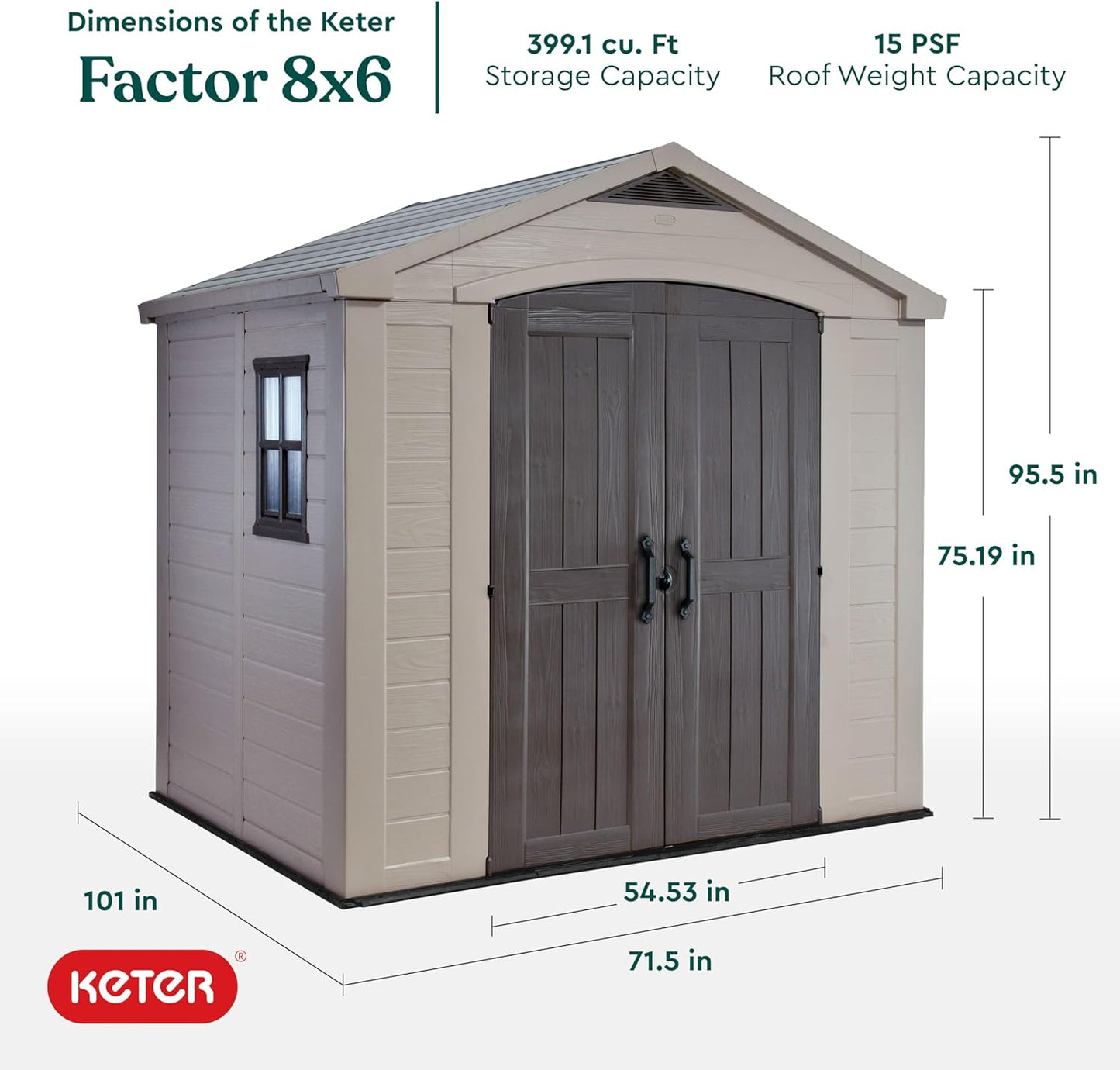 Keter Factor (8x6 ft) Large Resin Outdoor Storage Shed for Patio Furniture, Lawn Mower, Garden Accessories Yard Tools, and Pool Toys, Taupe