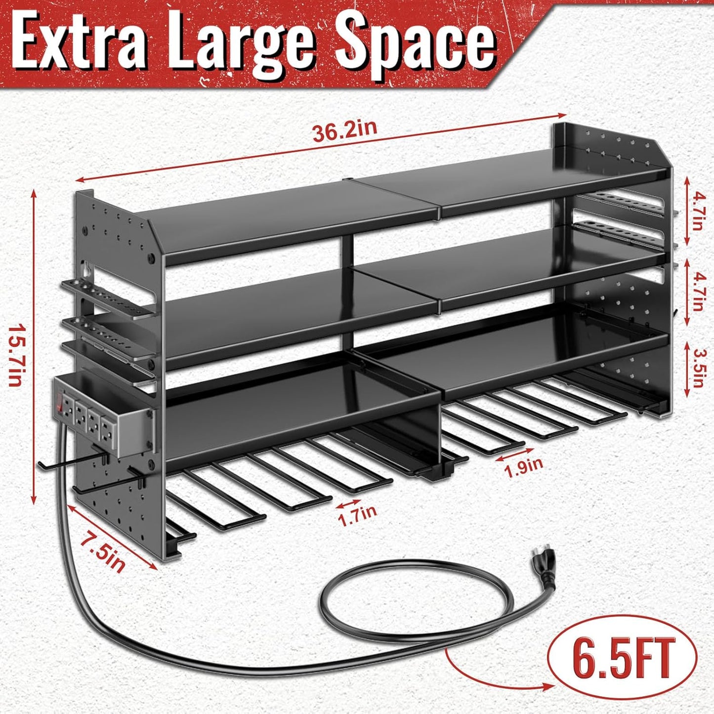 Large Power Tool Organizer Wall Mount with Charging Station, 4 Layer Heavy Duty Metal Cordless Tool Organizer, Tool Storage Rack with 8 Cordless Drill Holder Screwdriver Hammer(Black)