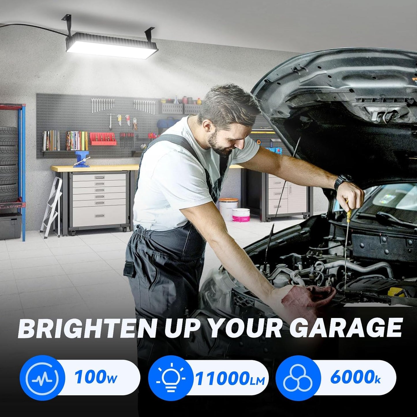 100W LED Shop Light, 11000LM Plug in Garage Light with 6FT Power Cord, IP66 Waterproof Work Bench Shop Lights for Garage, Workshop, Warehouse, Outdoor, Yard, Garden