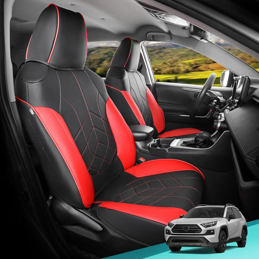 for Toyota RAV4 Seat Covers 2019 2020 2021 2022 2023 2024 2025 RAV 4 LE XLE Limited XLE Premium (Gas not for Hybrid) - Custom Leather Car Seat Covers Full Set - BlackRed