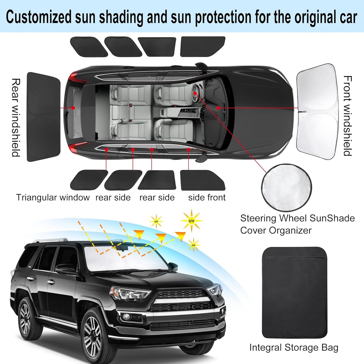 TINGLU Window Shades for Toyota 4Runner 2010-2024 Accessories Car Side Full Windows Rear Triangular Windshield Sun Shade Sun UV Rays & Privacy Protection for Camping,Napping,and Relaxing 8PCS