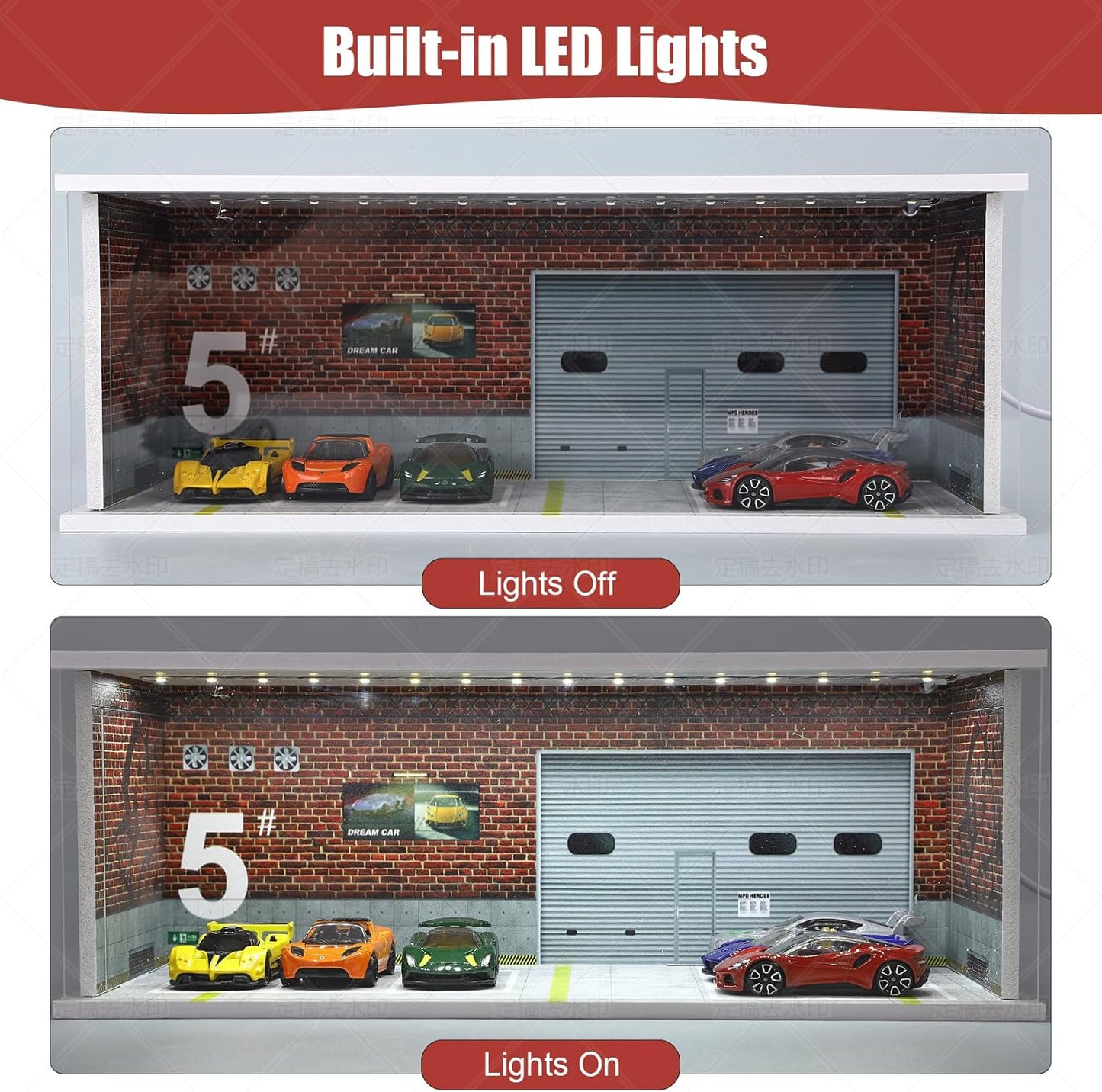 Display Case for Hot Wheels: Stackable Parking Garage for 1/64 Scale Matchbox Toy Car, Foamboard Storage for Monster Trucks with LED Light and Acrylic Cover, Supply Store