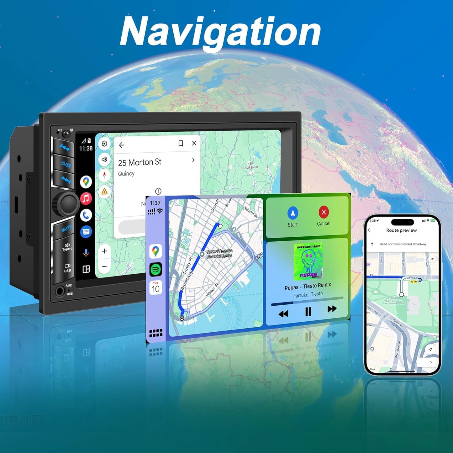 7 in Double DIN Car Stereo Radio with Wireless Apple CarPlay, Car Audio Receivers with Android Auto, 7" IPS Touchscreen, Car Stereo with Bluetooth, HD Backup Camera, FM Receiver, GPS,180W Audio Output