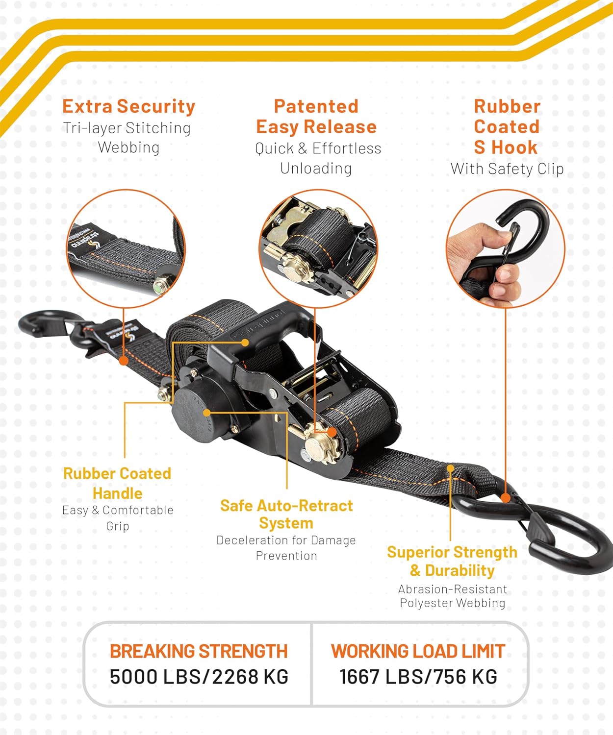 Strapinno Retractable Ratchet Tie-Down Straps,5,000 lbs Breaking Strength- 2 in x 12 ft Heavy Duty Ratchet Strap with Safety Lock S Hooks for Motorcycles, ATVs, UTVs, Lawn Equipment & Cargo (Black)