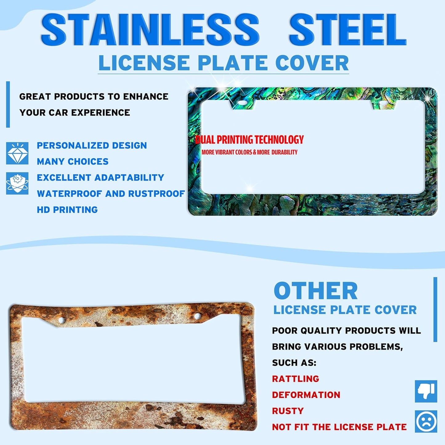 Faux Abalone License Plate Frame Funny Stainless Steel License Plate Holder for Front or Rear Car Tags for Car Decoration Accessories Rust-Proof with Screws 6.3 X 12.2 in for Women Men