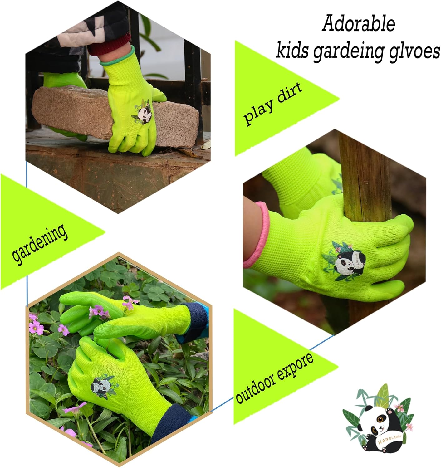 HANDLANDY 2 Pairs Kids Gardening Gloves, Toddler Children Garden Yard Work Outdoor Playing Gloves, Rubber Coating, for Girls Boys Youth (Size M, Green)