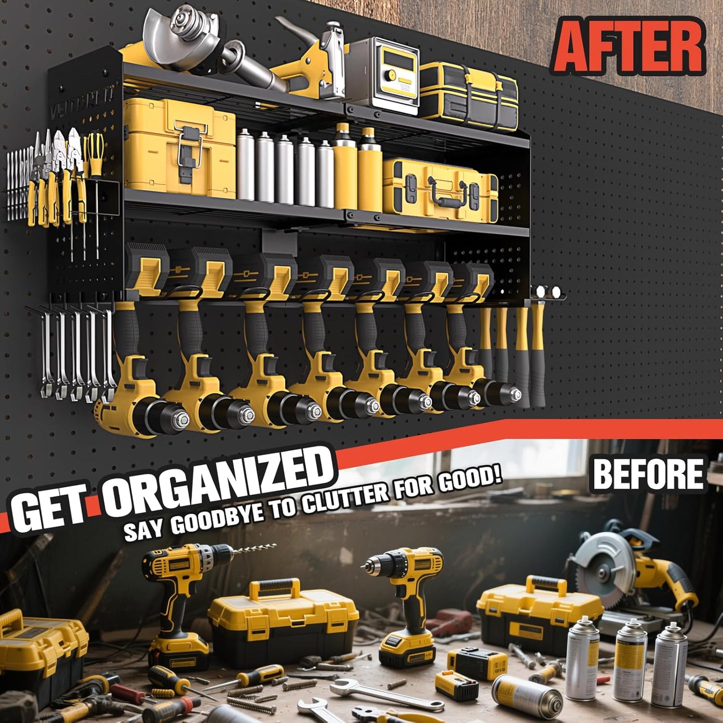 Large Power Tool Organizer Wall Mount, 3-Tier Heavy Duty Metal Loads 260 lbs, 7 Cordless Drill Holder Garage Tool Storage Rack, Utility Shelf for Workshop Shed Basement, Gifts for Men Dad Christmas