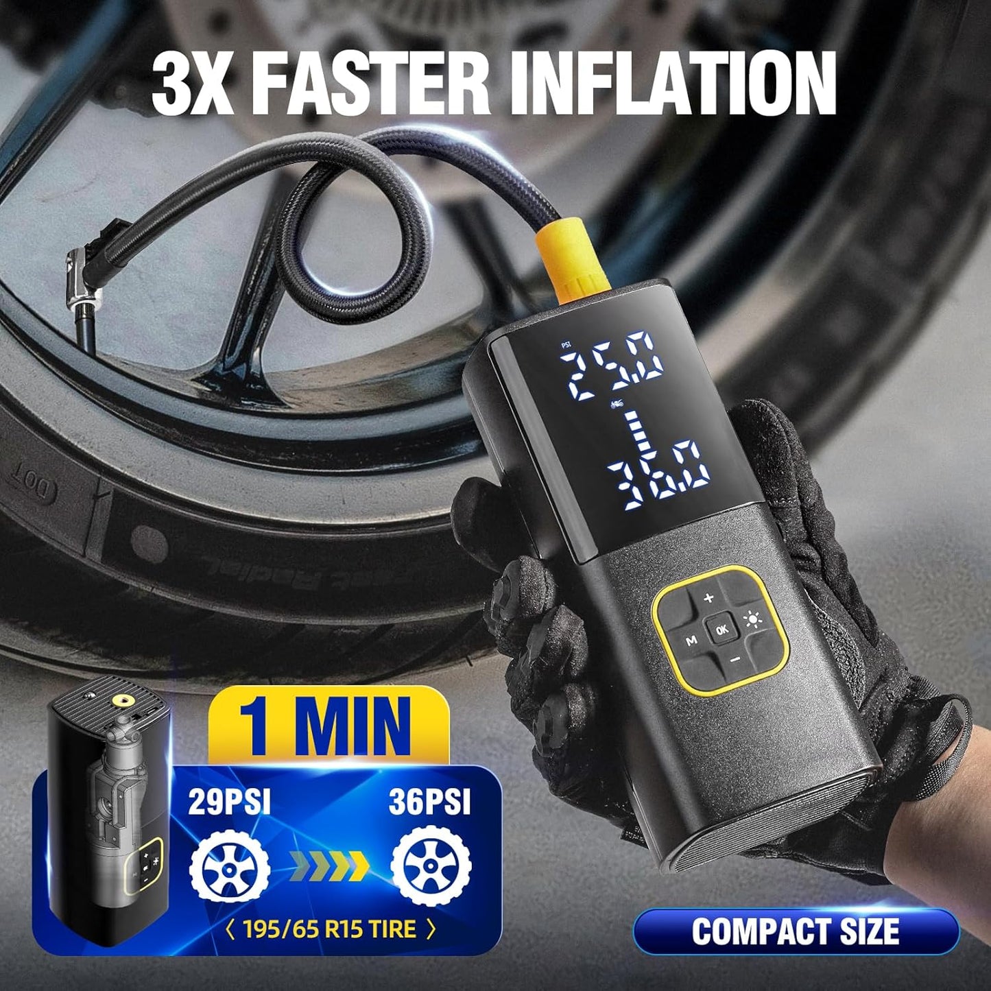 Zune Lotoo Rechargeable Tire Inflator Portable Air Compressor for Car Tires, 150PSI Battery Powered Cordless Air Pump with Digital Pressure Gauge & Auto Shutoff for Bike Motorcycle E-Bike Ball