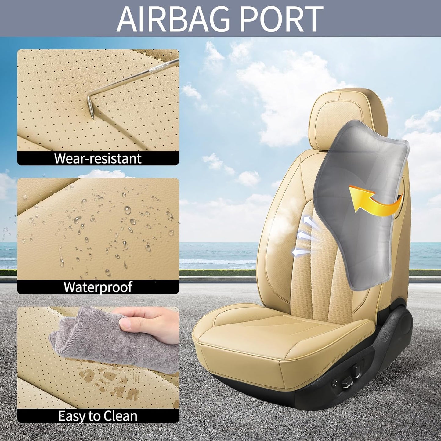 Car Seat Covers Full Set,Breathable and Waterproof Faux Leather Automotive Seat Covers for Cars,Luxury Universal Fit Seat Covers for SUV, Sedans and Trucks,Beige