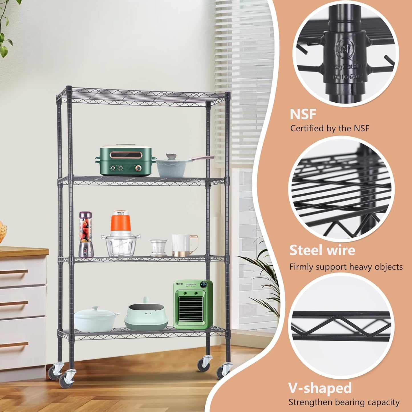 4-Tier Adjustable NSF-Certified Metal Shelf 36L x 14W x 62H Wire Shelving Unit Storage with Wheel for Small Places Restaurant Garage Pantry Kitchen Garage Rack,Black